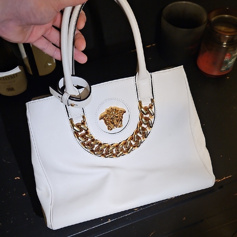 Versace White Handbag with Gold Accents